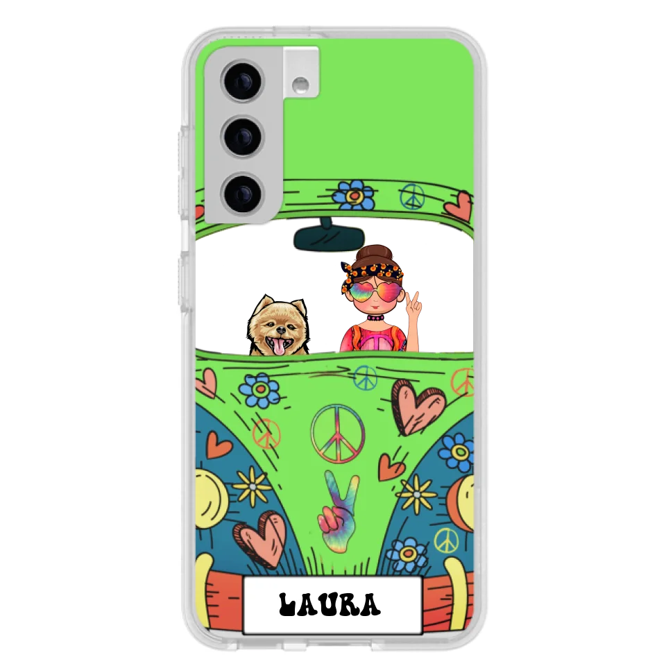 Personalized Hippie Girl Phone Case - Girl with up to 3 Pets - Case for iPhone, Samsung and Xiaomi